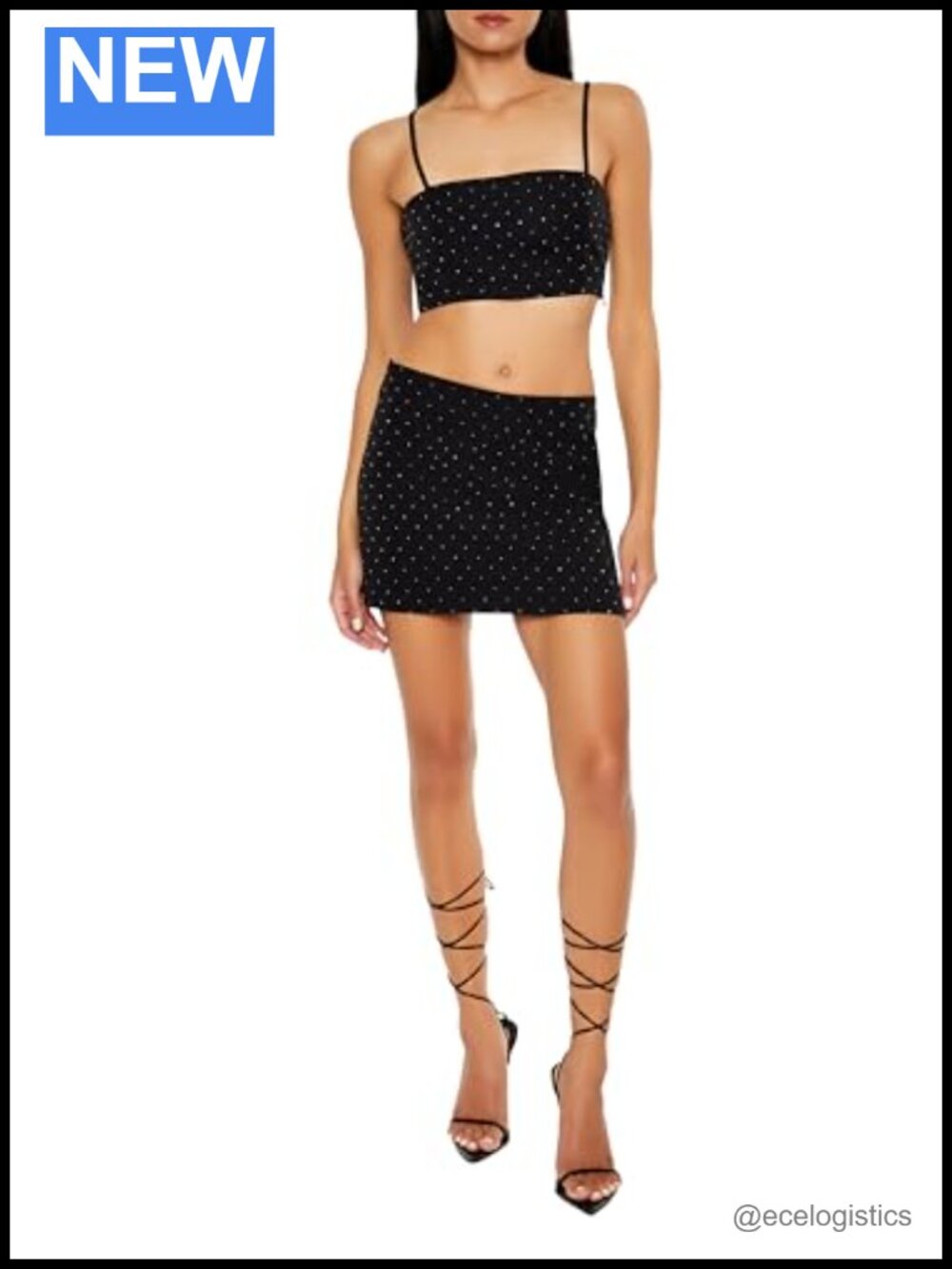 Rhinestone Cropped Cami & Mini Skirt Set Polyester Spandex 2-Piece Party
